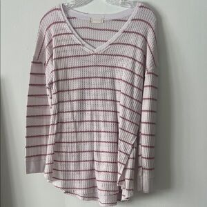 Altar'd State Pink and White V-Neck Waffle Knit Sweater- Light weight